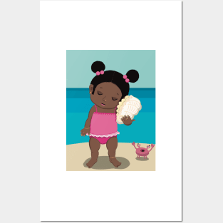 Vacation mood on - cute little dark girl having a quiet moment on the beach listening to the sound of a seashell, lighter ,no text Posters and Art
